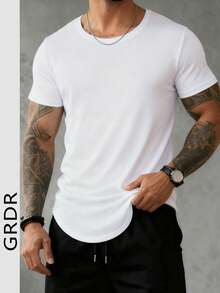 GRDR 男士圆领简约弧形下摆短袖T恤，休闲通勤百搭 - 白色 - 查看 7