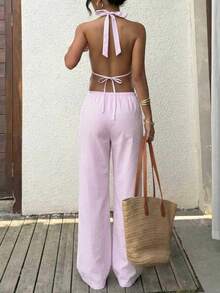 2pcs Vaiaye Women Tie-Up Striped Ruffle Bandeau Crop Top And Wide Leg Pants Set, Striped Linen Deep V Camisole And Drawstring Loose Casual Beach Pants, Sexy Cute Elegant Romantic Summer 2-Piece Set, Traceable Cotton Pink - Pink - View 11