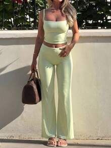 Women's Solid Color Minimalist Casual Camisole & Pants Set Summer - Green - View 3