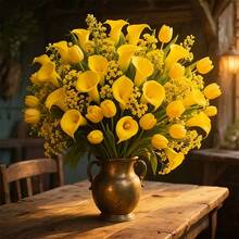 50 pièces Ensemble de fleurs artificielles Tulipe + Calla Lily + Gypsophile, convient pour diverses décorations de festivals et de tombes saisonnières, maison, extérieur, salon, mariage, Saint-Valentin, Fête des Mères Décoration de centre de table - Multicolore - Voir 6