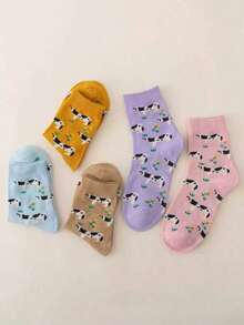 5双装女士卡通袜子，可爱奶牛图案，透气保暖，动物图案中筒袜 - 彩色 - 查看 4