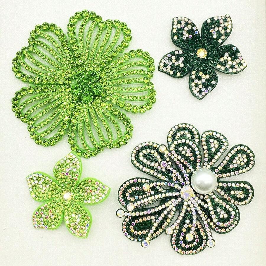4pcs Green Crystal Flower DIY Handmade Sewing Decoration For Clothes, Shoes, Bags - Green Rhinestone Flowers - View 1