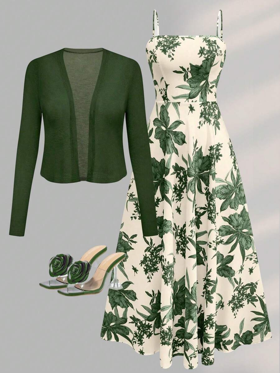 Women's Sleeveless Plaid Print Waist Flare Dress With Knit Cardigan, Bohemian Print Outfit For Date Summer Vacation - Army Green - View 1