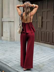 Vaiaye 女士两件套：优雅吊带上衣和宽松抽绳裤，亚麻深V露背吊带上衣搭配宽松腰裤，性感可爱优雅浪漫夏季两件套 - 酒紅色 - 查看 2