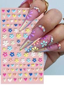 2片装5D立体浮雕彩色花卉美甲贴纸，梦幻绽放花朵和心形3D立体美甲贴花，女士DIY美甲装饰，春夏款 - 彩色 - 查看 4