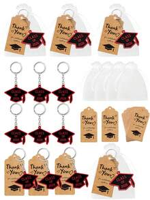 60pcs 2026 Graduation Party Favors Keychain, Graduation Souvenir Keyring With Graduation Cap Pendant And Thank You Tag, Suitable For College Graduates, Black And Red - Red and Black - View 2