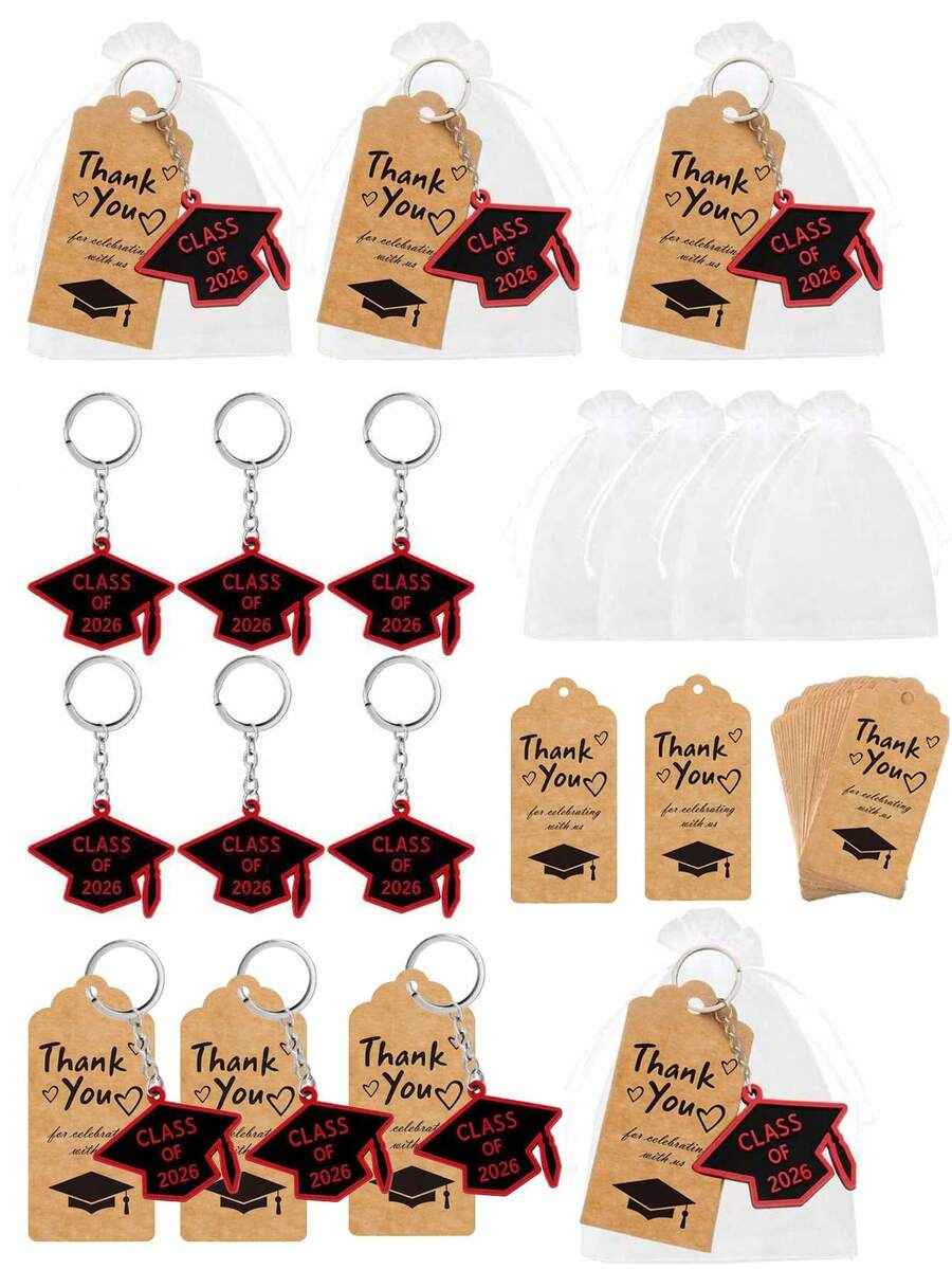 60pcs 2026 Graduation Party Favors Keychain, Graduation Souvenir Keyring With Graduation Cap Pendant And Thank You Tag, Suitable For College Graduates, Black And Red