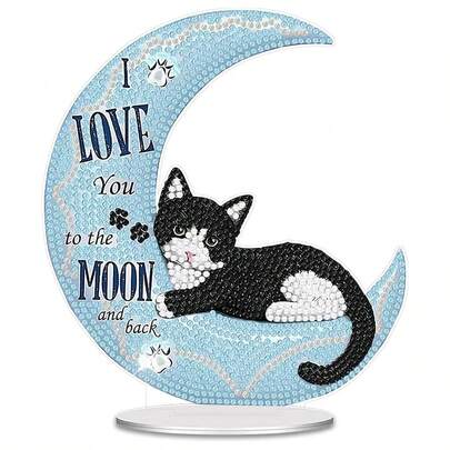 5D钻石画桌面装饰套装，月亮猫咪图案，钻石马赛克桌面摆件，镶嵌珠宝工艺品，家居卧室装饰