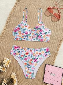 Bộ bikini dệt kim cổ chữ V in họa tiết dành cho bé gái tuổi teen, 2 món đồ bơi thích hợp cho bãi biển, bơi lội, kỳ nghỉ hè. - Nhiều màu - Xem 1