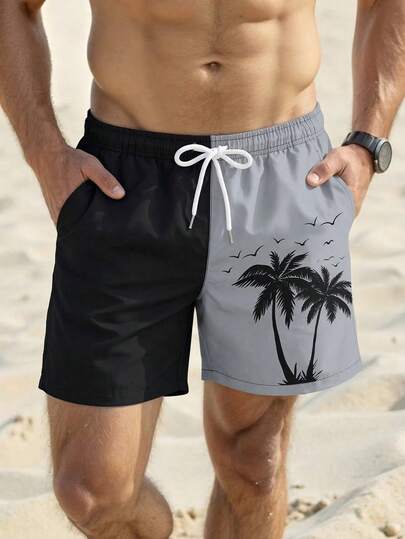 男士黑白拼接椰树印花沙滩短裤，透气舒适，适合夏威夷风情夏季海滩度假