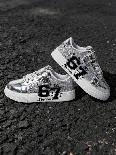 Bling Glitter Children's SIXSEVEN Digit Print Silver Glitter Skate Shoes, Girls' Campus & Outdoor Sports Shoes, Wear-Resistant Versatile Children's Casual Sneakers
