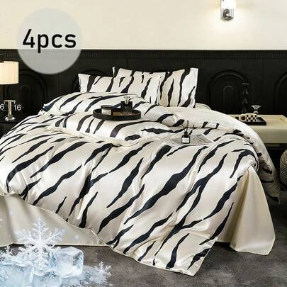 4pcs Bedding Set, Luxury Zebra Print Cooling Duvet Cover, Silky Satin Icy Silk Bed Set, Wrinkle-Resistant Machine Washable Cooling Bedding For Spring & Summer, Soft & Smooth Breathable Sleepwear, Includes 1 Duvet Cover (No Filler), 1 Bed Sheet, 2 Pillowcases (No Filler)