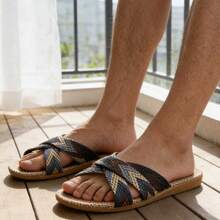 Men's Summer Linen Slippers, Indoor Lightweight Non-Slip Comfortable Bedroom Sandals - Black - View 3