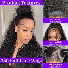 ZHENDEFA 隐形绑带360°蕾丝前假发，真人发，预先拔毛，360°杰瑞卷发，无胶蕾丝真人发假发，湿润波浪360°蕾丝假发，女士款 - SNatural - 查看 5