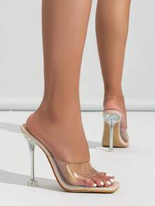 女士夏季透气透明坡跟一脚蹬性感透明细高跟穆勒鞋派对凉鞋，杏色 - 杏色 - 查看 4