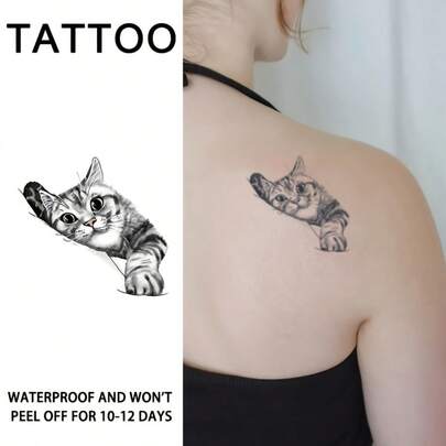 Women's Waterproof Temporary Cat Tattoo Stickers - Cute Sleeping Cat Design, Easy To Apply And Remove, Suitable For Arms, Parties And Gifts, Lasts 10-12 Days