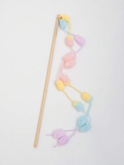 1个木柄彩色毛线球逗猫棒玩具，带铃铛，室内互动玩具，消耗猫咪能量