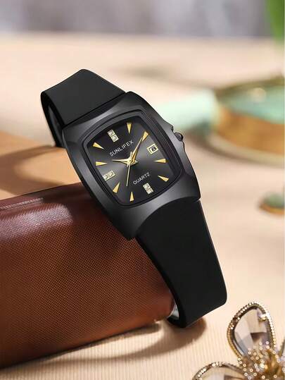 女士石英表，休闲时尚表盘，带刻度和水钻装饰，单日期显示窗，经典黑色表壳，优质合金材质，柔软硅胶表带