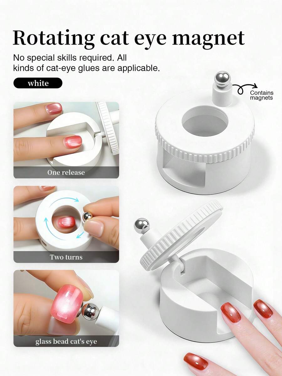 1个双头旋转猫眼磁性美甲工具，3D磁吸效果，适合初学者，DIY家用及美甲沙龙美甲用品，易于使用 - 白色 - 查看 1