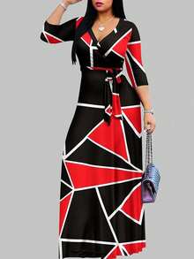 女士夏季无袖长连衣裙，藏蓝色，红色和黑色几何印花，收腰设计，深V领，优雅 - 黑色 - 查看 3