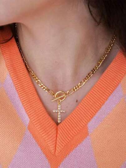 Nooxian 1pc Women's Unique Personalized Round French OT Clasp Clavicle Chain, Decorated With Copper Cross And Sparkling Cubic Zirconia Pendant, Suitable For Female Wear