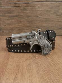 1 chiếc thắt lưng quần jeans nam màu đen kiểu punk Y2K với khóa hình súng, phụ kiện đa năng phù hợp cho mặc hàng ngày. - màu đen - Xem 8