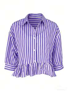 Women's Striped Casual Vacation Front Button Loose Blouse, Spring/Summer - Lilac Purple - View 3