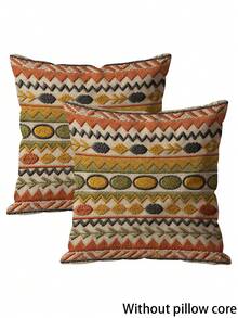1/2/4pcs,Bohemian Vintage Style Pillowcases, Geometric Pattern Contrast Color Printed Cushion Covers,Single-Sided Print, Machine Washable, Zipper Closure, Pillow Insert Not Included, Suitable For Sofa, Living Room - Coral Orange - View 2