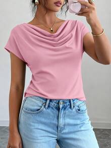 PRETTYGARDEN Women's Summer Clothes Tops Dressy Casual Clothing Cowl Neck Short Sleeve Blouses Business Work Office Shirts  Tops For Women - 粉色 - 查看 5