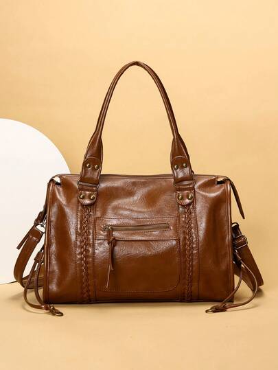 Women's Retro Slouchy Cool Street Style Washed PU Vegan Leather Zipper Closure Multi Functional Pockets Braid Decor Brush Off Color Large Capacity Tote Handbag Fits 13' Laptop Adjustable Long Strap Crossbody Shoulder Bag Daily Commute College Overnight Travel Outings, Bohemia Style Bag For Women, New Fashionable Big Bags For Women, New Arrival Tote Bags For Woman , Gifts For Women , Office Bag , Valentines Gifts, Bags Ladies Elegant