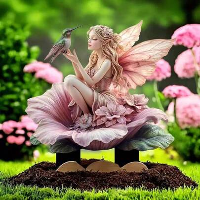 精致仙女与蜂鸟花园插牌，亚克力材质，室内/室外装饰，防水耐磨