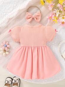 可爱女婴服装，休闲时尚，柔软舒适，蝴蝶结装饰泡泡袖简约公主蓬蓬裙和发带套装，女婴连衣裙，幼儿女童服装，适合夏季日常穿着、度假、派对、拍照、户外活动 - 彩色 - 查看 2