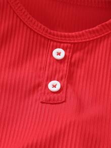 2pcs/Set Toddler Girls' Solid Color Round Neck Button Knit Fitted Vest + Loose Denim Cherry Print Shorts, Casual Summer Outfit - Red - View 3