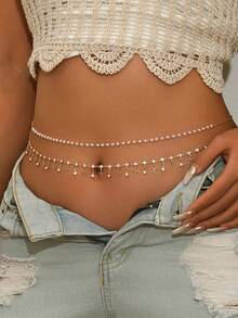 2pcs/Set Fashionable Elegant Crystal Butterfly Tassel Waist Chain, Double-Layer Handmade Pearl Body Chain, Suitable For Daily, Date, Outing, Party Wear. Handmade Chain Length Can Be Customized - Multicolor - View 1