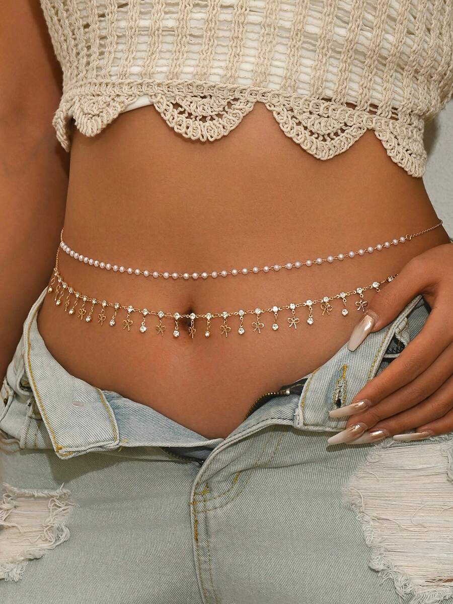 2pcs/Set Fashionable Elegant Crystal Butterfly Tassel Waist Chain, Double-Layer Handmade Pearl Body Chain, Suitable For Daily, Date, Outing, Party Wear. Handmade Chain Length Can Be Customized - Multicolor - View 1
