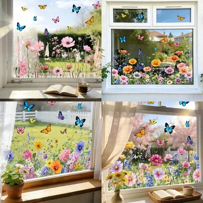 1/4 pièces Décalcomanies de fenêtre colorées avec fleurs sauvages. Film statique de verre avec papillons et fleurs, bordure florale de marguerites pour porte coulissante, salon, chambre à coucher, décoration de maison. Ornements thème jardin floral DIY
