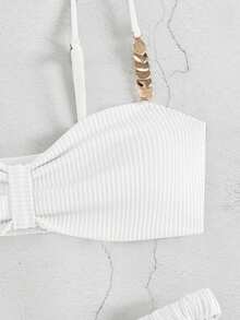 Conjunto de bikini de 2 piezas con tirantes de espagueti y acolchado, de tela a rayas de unicolor para mujer - Blanco - Ver 5