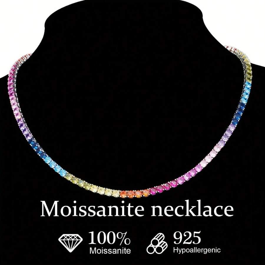 S925 Silver 5mm 0.5CT Moissanite Colorful Tennis Necklace Hip-Hop Luxury Jewelry Perfect For Banquets Weddings & Holiday Gifts - 24英寸 - 查看 1