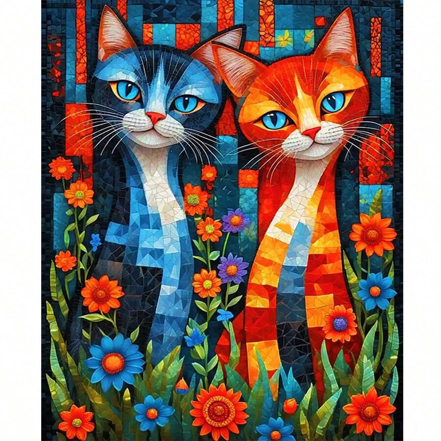 1幅2D DIY钻石画双猫图案,全钻钻石艺术品,适用于客厅或卧室装饰,现代简约动物钻石刺绣工艺品,完美的节日礼物 - 查看 1