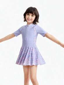 Annil [Skirt-Style One-Piece Swimsuit] Girls' Summer Mermaid Beach High-Elasticity Water-Repellent Professional Training Swimsuit Set - Purple Flower - View 1