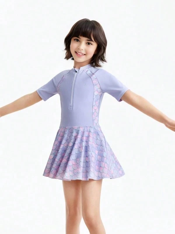 Annil [Skirt-Style One-Piece Swimsuit] Girls' Summer Mermaid Beach High-Elasticity Water-Repellent Professional Training Swimsuit Set - Purple Flower - View 1