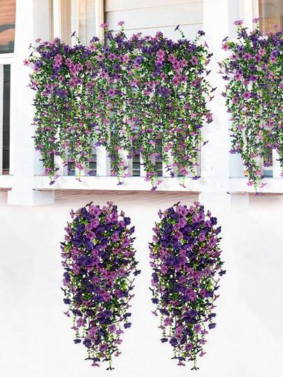 2pcs/1pc Outdoor Artificial Hanging Daisy Flowers, UV-Resistant Silk-Like Fake Plants For Balcony, Yard Decor; Double Purple Bouquet Outdoor Realistic Silk Hanging Flowers, UV-Resistant Balcony Fence Decor, Purple Rose