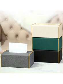Gold-Edged PU Leather Tissue Box, Gray Alligator Grain Tissue Holder - Dark Grey - View 1