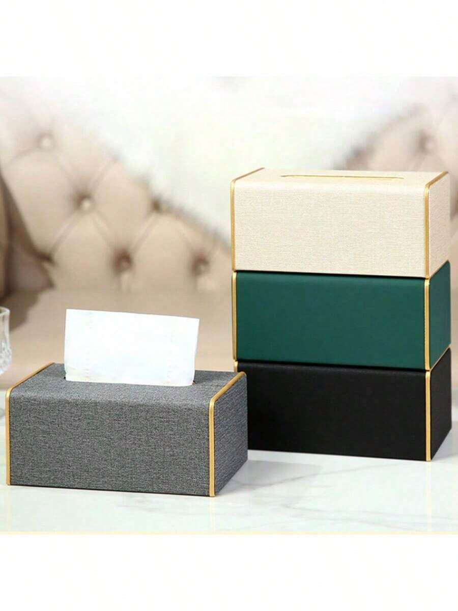Gold-Edged PU Leather Tissue Box, Gray Alligator Grain Tissue Holder - Dark Grey - View 1