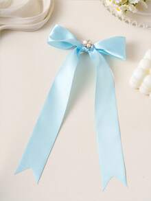 1pc Girls' Solid Satin Long Ribbon Hair Clip, Cute Bow Design With Pearls And Rhinestones, Suitable For All Seasons And Occasions - Multicolor - View 10