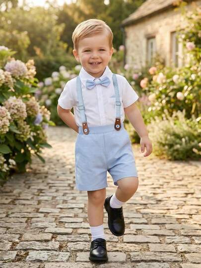 BOARNSEORL Young Boys Gentleman Short Sleeve Set, Collared Shirt With Bowknot And Overalls Shorts, Stylish Fashion Suitable For Baby Shower, Birthday Party, Formal Occasions, Wedding, Page Boy Outfit
