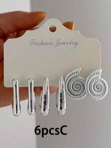 6-18件时尚简约心形、水滴形、贝壳形、海螺形、C形、几何造型耳钉，适合夏季旅行和日常度假佩戴 - 銀色 - 查看 4