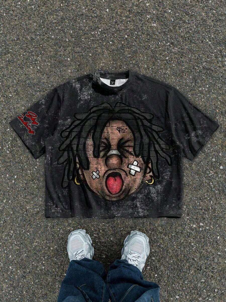 Manfinity Roghcode Men's Oversized Distressed Funny Diamond Teeth Tattoo Big Face Allover Print Cropped Loose T-Shirt (High Quality) - 黑色 - 查看 1