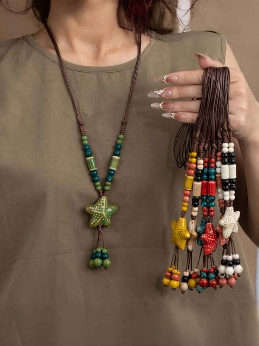 1pc Summer Dopamine Series Bohemian Colorful Beaded Starfish Necklace, Braided Rope Long Necklace Accessory, Best Gift For Valentine's Day And Beach Vacation - Multicolor - View 1