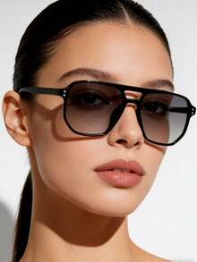 Black Double-Bridge Retro Fashion Fashion Glasses, Unisex Suitable For Driving, Vacation, Party, Daily Wear, Stylish Outfit, PC Frame Material - Black - View 12